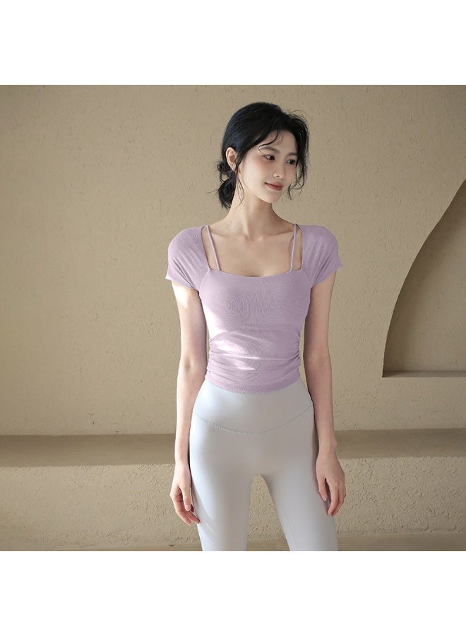 Spring Summer  With Chest Pad Pleated Slim Yoga Fitness Women Sports T-Shirt - Image 1