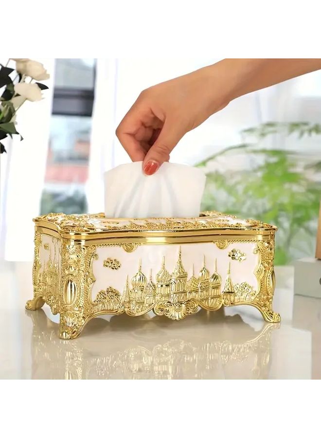 صندوق مناديل قلعة أوروبية بيضاء ذهبية حامل مناديل زخرفي لسطح المكتب - Image 5