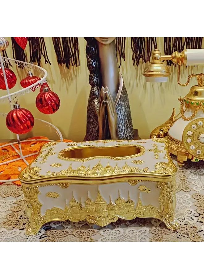 صندوق مناديل قلعة أوروبية بيضاء ذهبية حامل مناديل زخرفي لسطح المكتب - Image 4