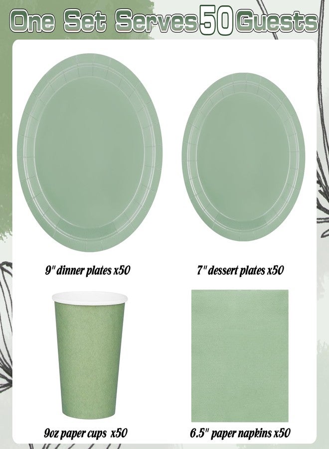 TWOWYHI 200PCS Party Supplies Paper Plates Set for Party with 50Guests 7"and 9" Disposable Plates Napkins Cups for Birthday Bridal Shower Wedding Parties Sage Green - Image 2