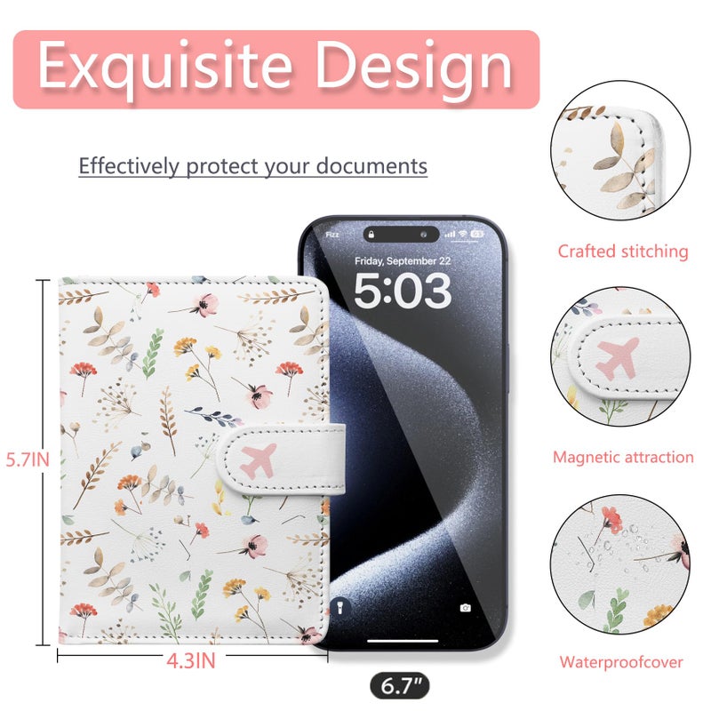 LumeTrav Passport Holder, Travel Wallet Cover with Pen Loop | Cute RFID Blocking Leather Case with Magnetic Closure for Travel Essentials-Flower - Image 4