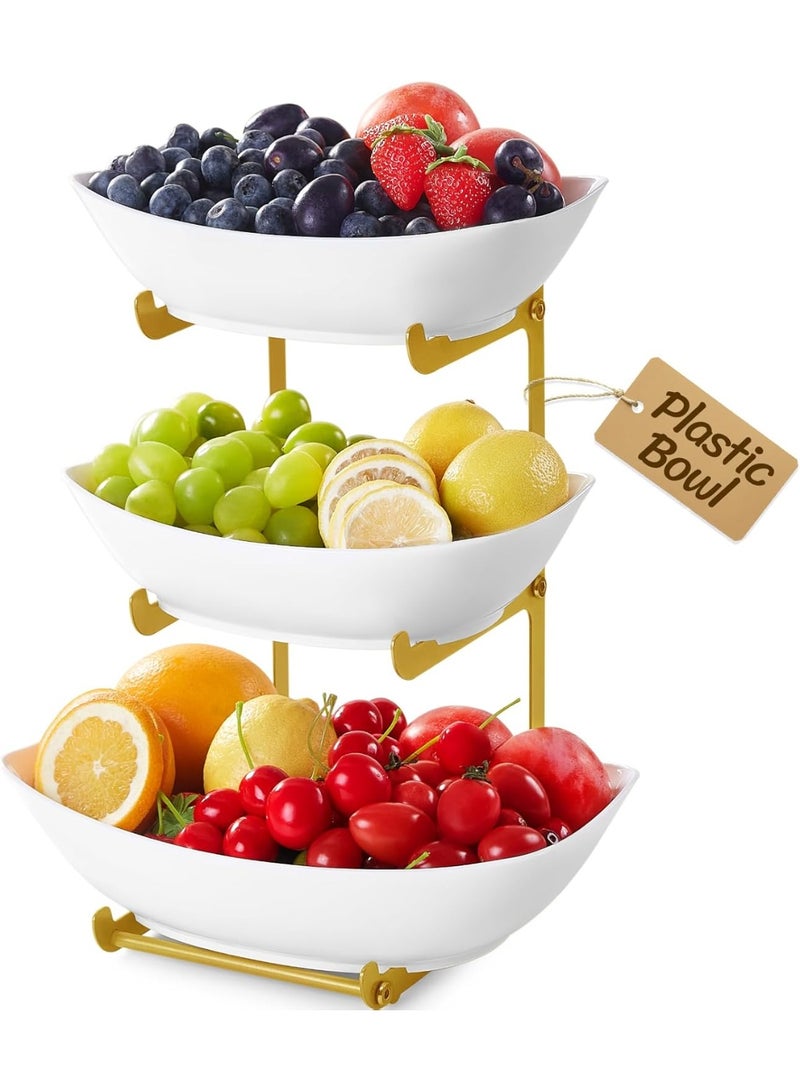 VKL Plastic Fruit Bowl Basket for Kitchen Countertop, 3 Tier Fruit Holder with Gold Metal Stand, Serving Tray for Food, Vegetable, Cake, Dessert in Party - Image 1