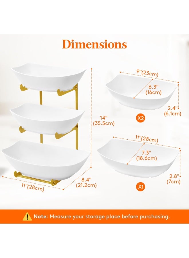 VKL Plastic Fruit Bowl Basket for Kitchen Countertop, 3 Tier Fruit Holder with Gold Metal Stand, Serving Tray for Food, Vegetable, Cake, Dessert in Party - Image 2