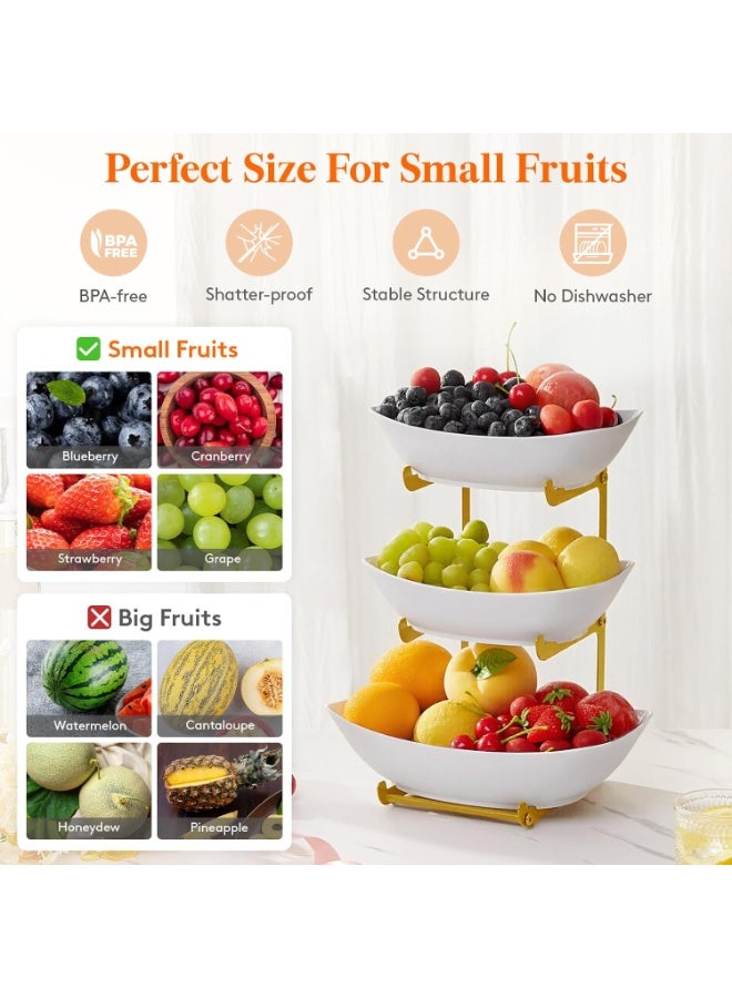 VKL Plastic Fruit Bowl Basket for Kitchen Countertop, 3 Tier Fruit Holder with Gold Metal Stand, Serving Tray for Food, Vegetable, Cake, Dessert in Party - Image 3