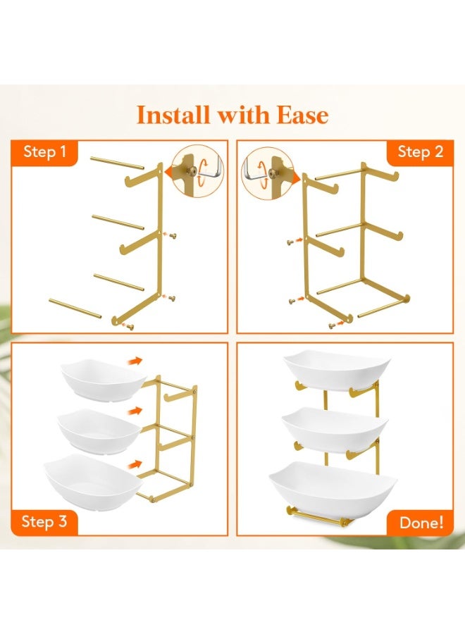 VKL Plastic Fruit Bowl Basket for Kitchen Countertop, 3 Tier Fruit Holder with Gold Metal Stand, Serving Tray for Food, Vegetable, Cake, Dessert in Party - Image 5