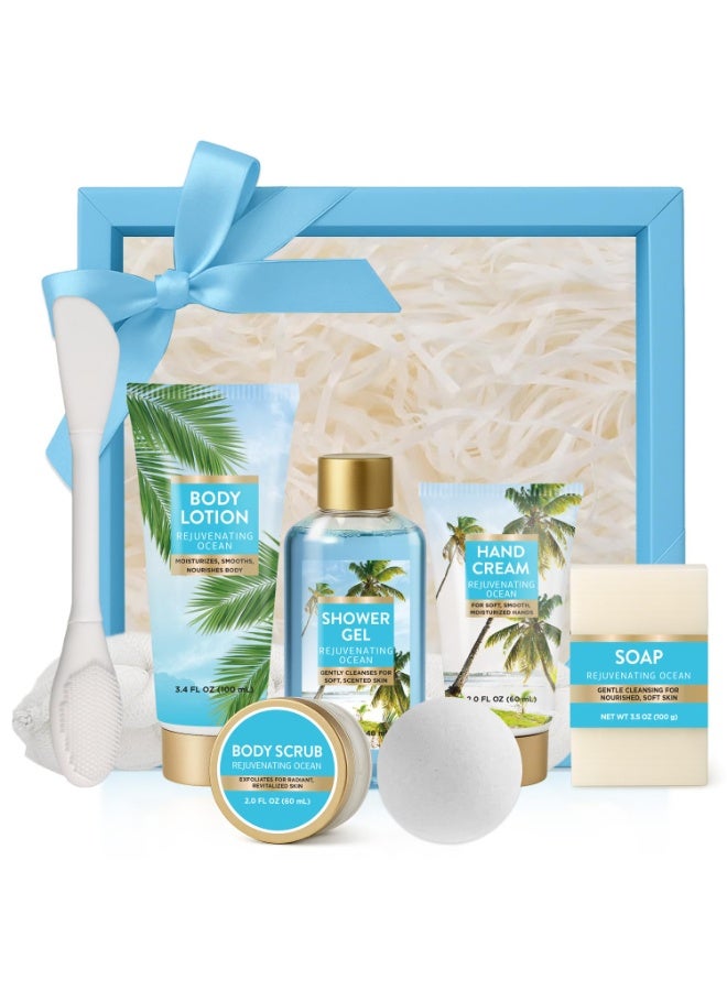 spa luxetique Ocean Breeze Spa Gifts for Women, 8 Piece Bath Set with Bubble Bath & Bath Bombs, Refreshing Gift Baskets for Her, Self Care Package with Body Scrub, Lotion, Hand Cream - Image 1
