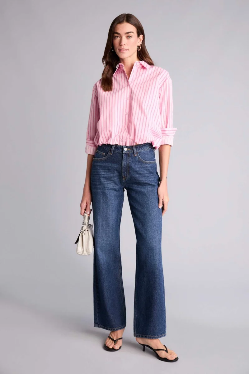 ديفاكتو Balloon Fit Shirt Collar Poplin Striped Long Sleeve Shirt