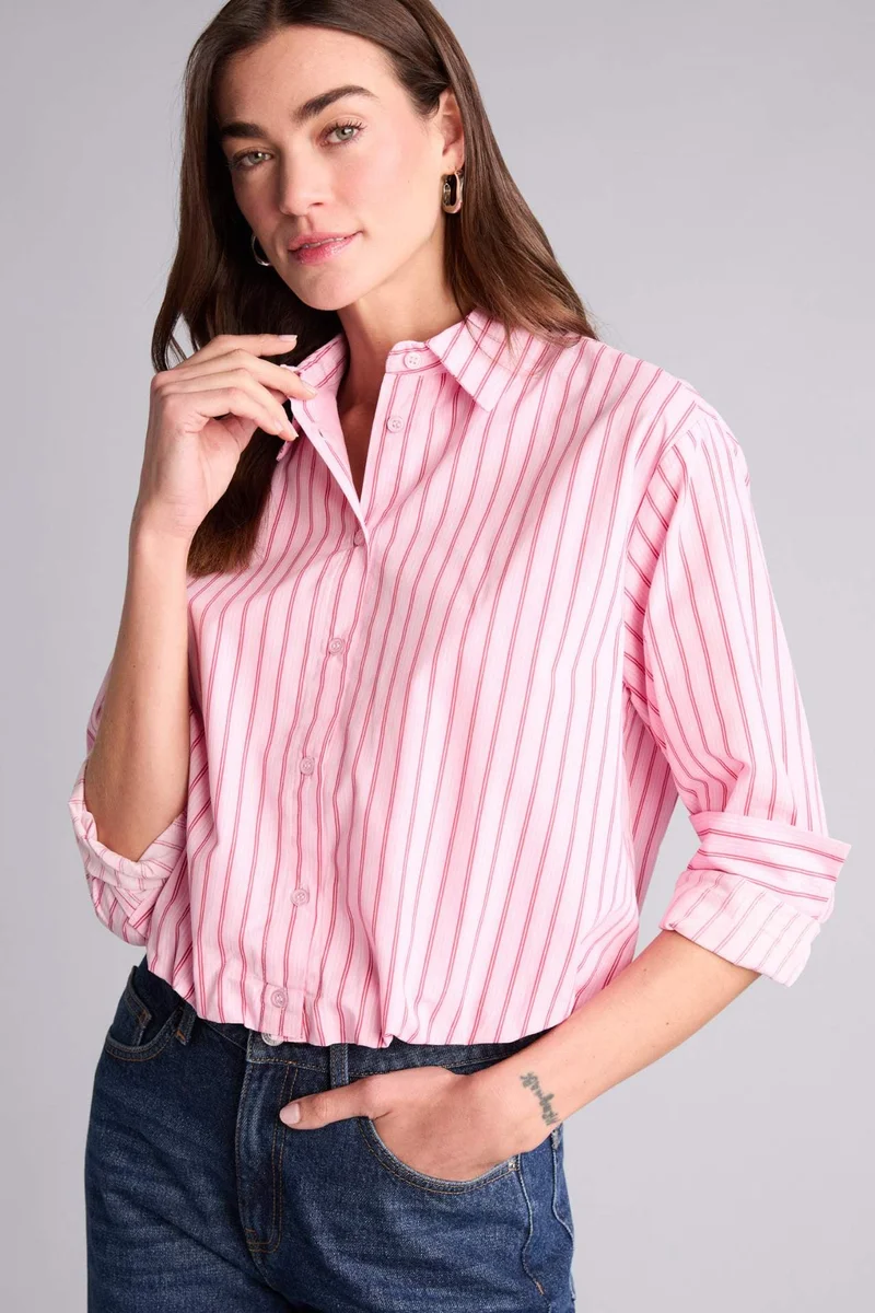 ديفاكتو Balloon Fit Shirt Collar Poplin Striped Long Sleeve Shirt