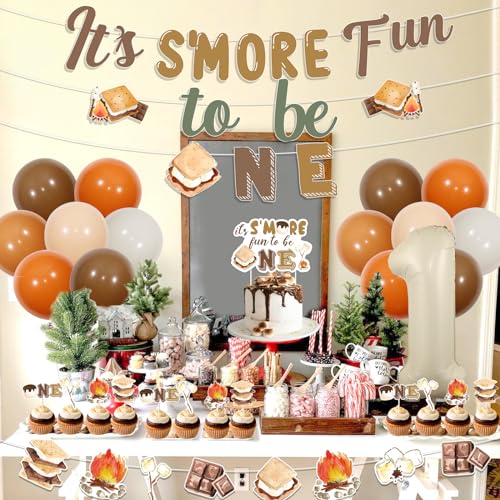 Balterever Smore Birthday Party Decorations with Smores Birthday Party Banner Garland Its Smore Fun to Be One Cake Cupcake Toppers for Camping Smore First Birthday Party Supplies - Image 5