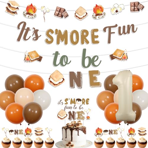 Balterever Smore Birthday Party Decorations with Smores Birthday Party Banner Garland Its Smore Fun to Be One Cake Cupcake Toppers for Camping Smore First Birthday Party Supplies - Image 1