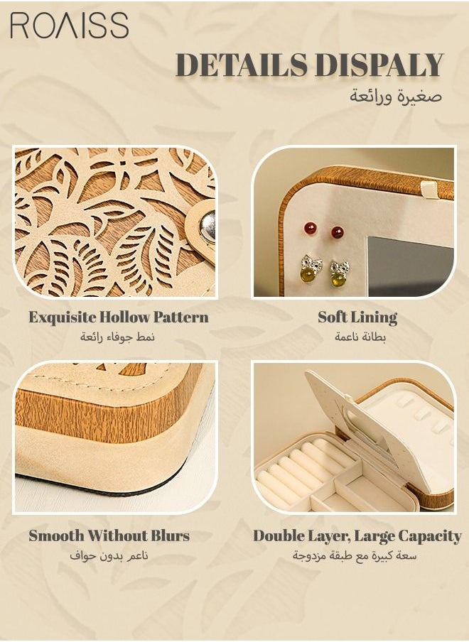 roaiss - Hollow Carved Jewelry Storage Box Portable Small Lightweight Double Layer Multiple Compartments Desktop Rectangle Jewellery Box for Women Travel Brown/Beige - Image 1