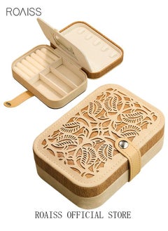 roaiss Hollow Carved Jewelry Storage Box Portable Small Lightweight Double Layer Multiple Compartments Desktop Rectangle Jewellery Box for Women Travel Brown/Beige  - Image 1