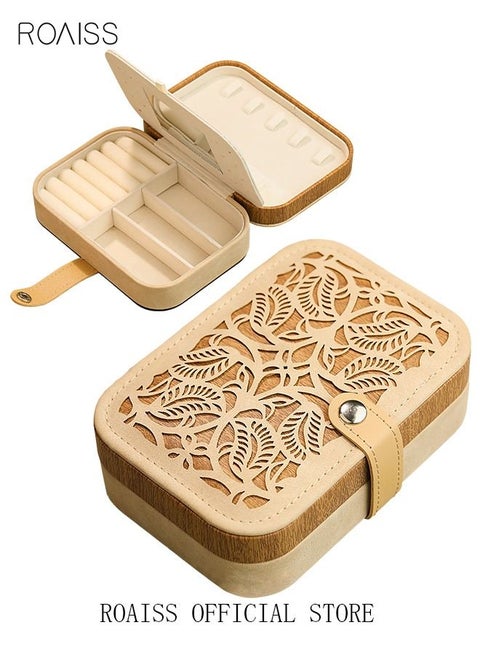 Hollow Carved Jewelry Storage Box Portable Small Lightweight Double Layer Multiple Compartments Desktop Rectangle Jewellery Box for Women Travel Brown/Beige