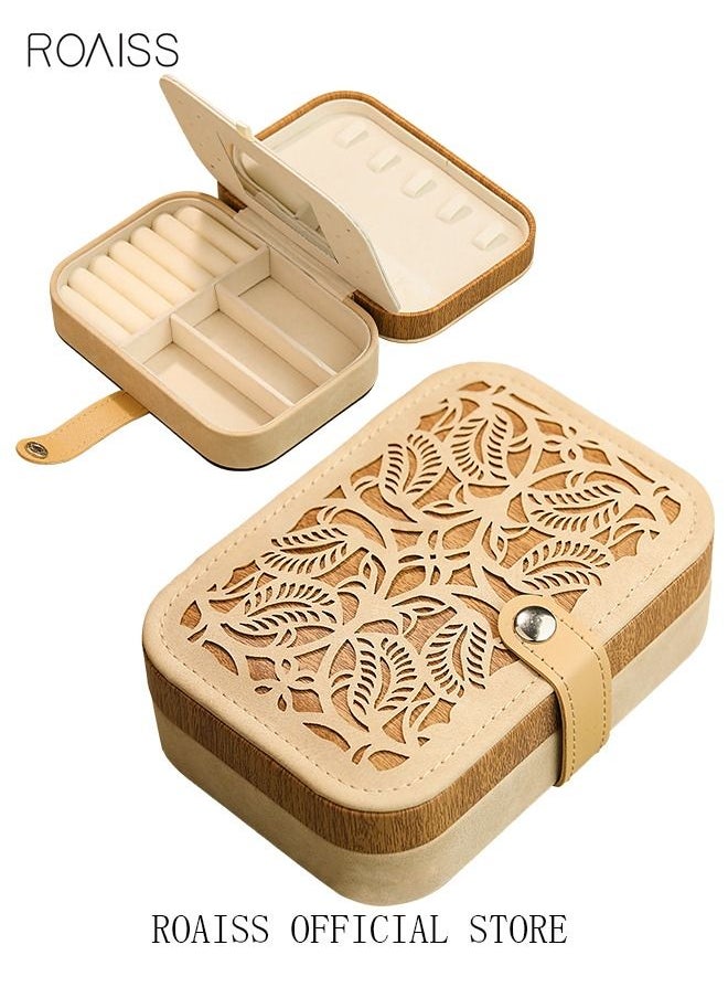 roaiss - Hollow Carved Jewelry Storage Box Portable Small Lightweight Double Layer Multiple Compartments Desktop Rectangle Jewellery Box for Women Travel Brown/Beige - Image 1