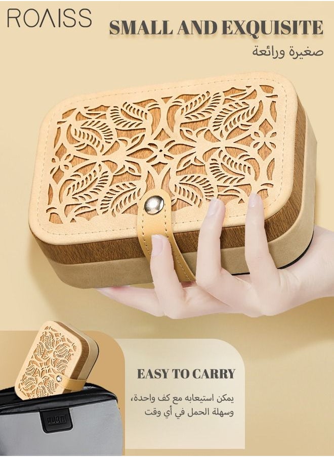 roaiss - Hollow Carved Jewelry Storage Box Portable Small Lightweight Double Layer Multiple Compartments Desktop Rectangle Jewellery Box for Women Travel Brown/Beige - Image 1