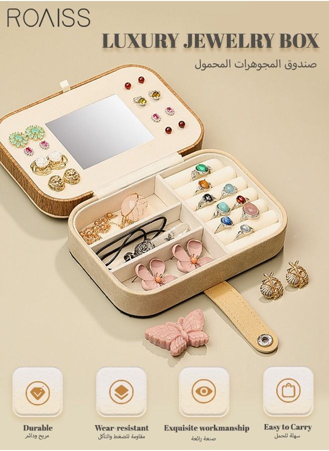 roaiss - Hollow Carved Jewelry Storage Box Portable Small Lightweight Double Layer Multiple Compartments Desktop Rectangle Jewellery Box for Women Travel Brown/Beige - Image 1