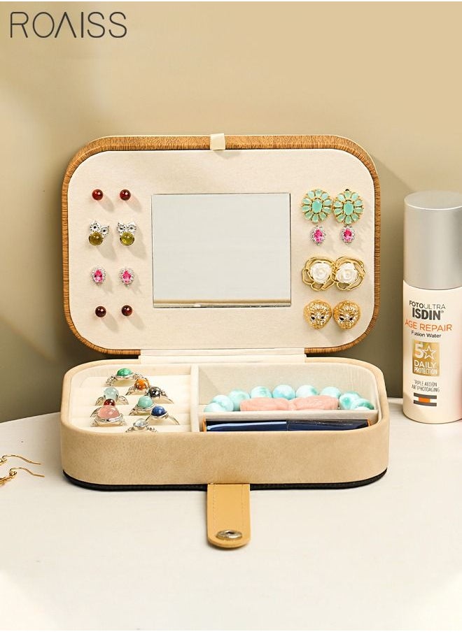roaiss - Hollow Carved Jewelry Storage Box Portable Small Lightweight Double Layer Multiple Compartments Desktop Rectangle Jewellery Box for Women Travel Brown/Beige - Image 1