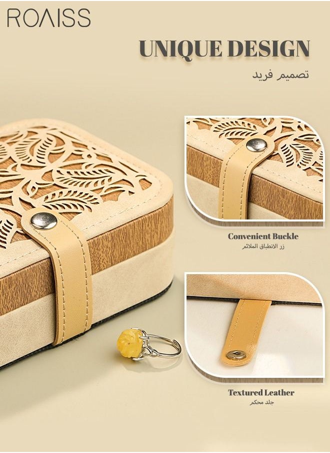 roaiss - Hollow Carved Jewelry Storage Box Portable Small Lightweight Double Layer Multiple Compartments Desktop Rectangle Jewellery Box for Women Travel Brown/Beige - Image 1