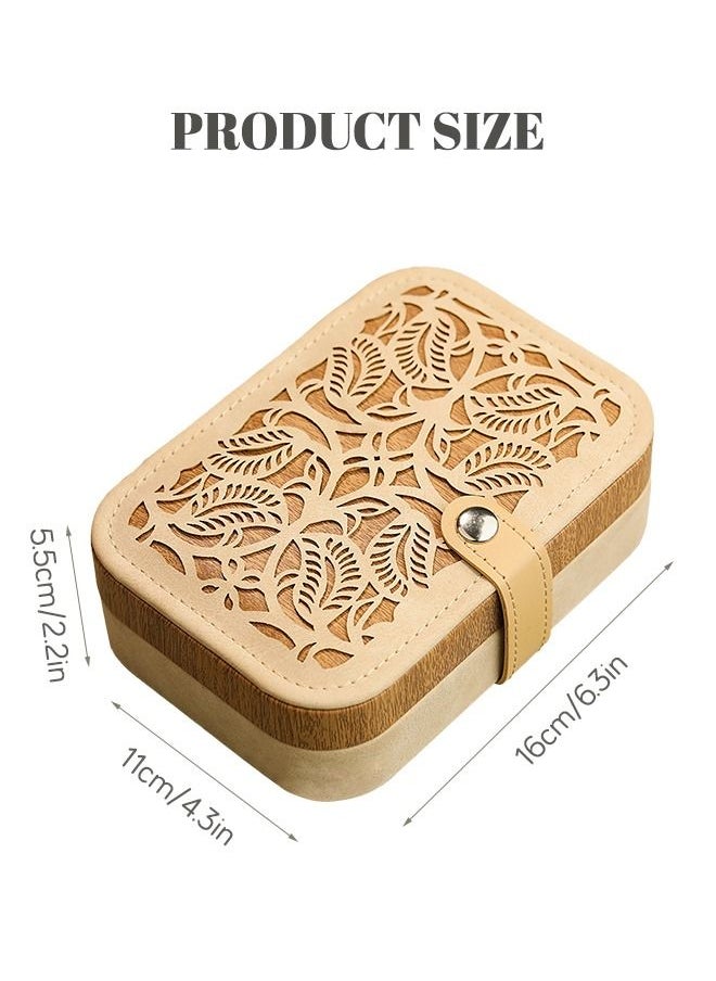 roaiss - Hollow Carved Jewelry Storage Box Portable Small Lightweight Double Layer Multiple Compartments Desktop Rectangle Jewellery Box for Women Travel Brown/Beige - Image 1