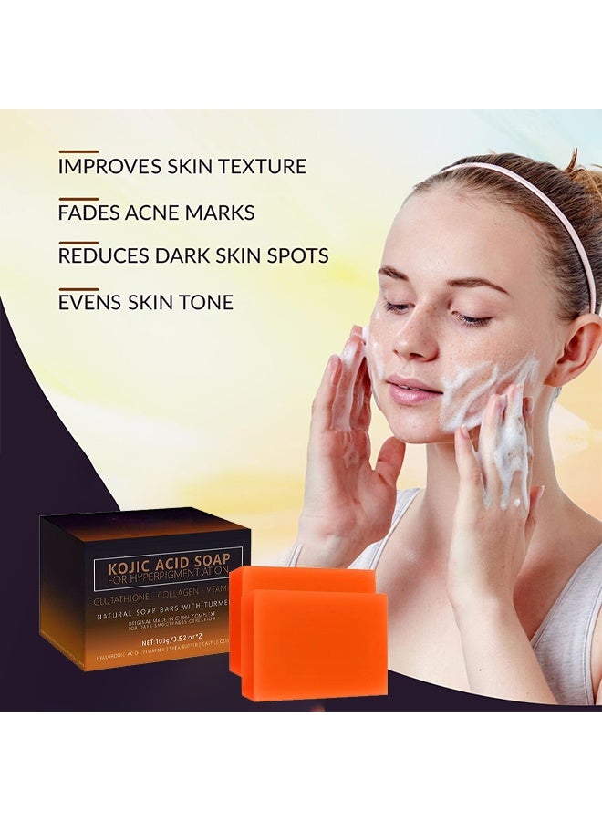 Kojic Acid Spot For Hyperpigment Ation Gluta Thione .Collagen. Vtamin C Remover Soap Bars with Original Japanese Formula, Vitamin C, Retinol, Collagen, Hyaluronic Acid & Shea Butter For Even & Brighter Skin Tone, Face & Body (2 Packs, Orange) - Image 3