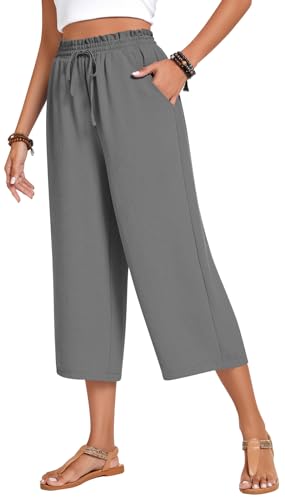 Anyhold Womens Capri Pants Loose High Waisted Wide Leg Lounge Pants Drawstring Casual Palazzo Trousers with Pockets X-Large, Ash Gray - Image 5