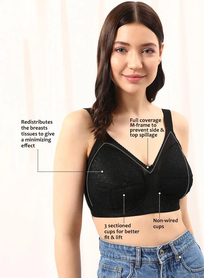 كلوفيا Black Lace Detail Non-Padded Non-Wired Full Coverage Minimizer Bra