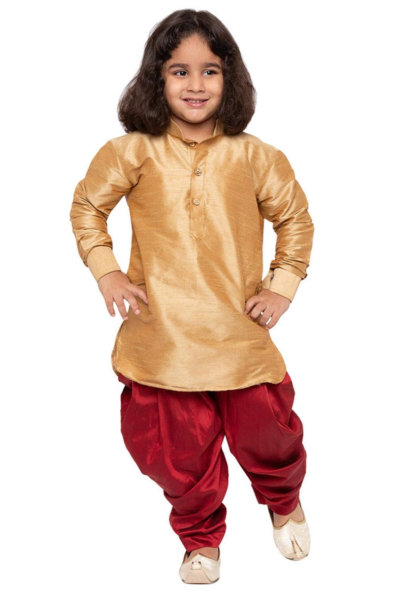 JBN Creation Boys' Rose Gold and Maroon Silk Blend Kurta and Dhoti Pant Set (VASBUK001RGnCDMA, for 6-12 Months) - Image 1
