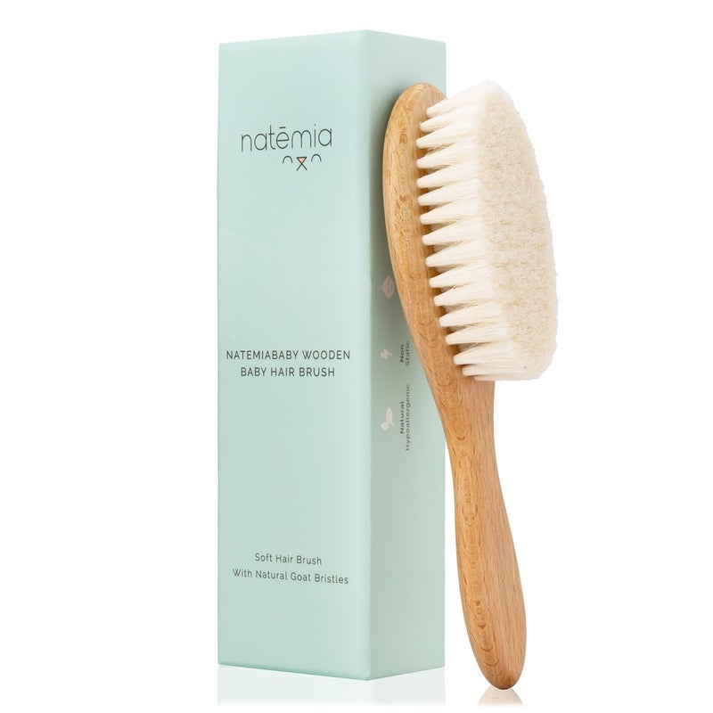 Natemia Wooden Baby Hair Brush - Natural Goat Hair Bristles - Gentle Soft Bristles for Scalp Massage - Cradle Cap Comb for Flake Removal - For Baby Grooming Kit & Toddler Hair Brush - Image 1