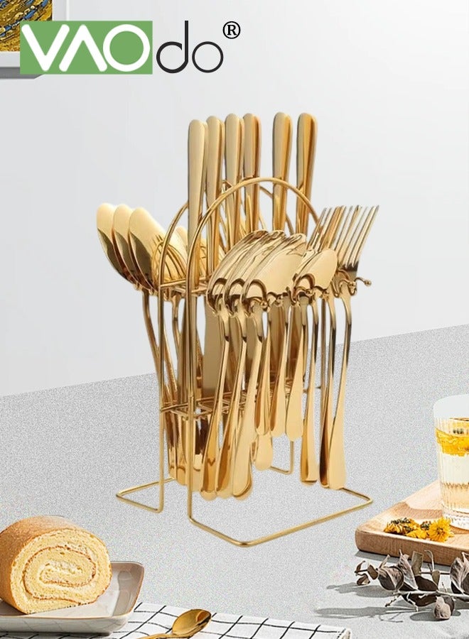 فاو دو مجموعة من 24 قطعة من أدوات المائدة المصقولة بالمرآة مع رف تخزين، مجموعة أدوات مائدة من الفولاذ المقاوم للصدأ، مجموعة أدوات مائدة للمطبخ المنزلي، سكاكين وملاعق وشوكات وملاعق شاي آمنة للغسل في غسالة الأطباق ذهبية اللون - Image 1
