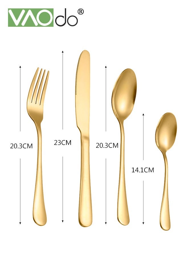 فاو دو مجموعة من 24 قطعة من أدوات المائدة المصقولة بالمرآة مع رف تخزين، مجموعة أدوات مائدة من الفولاذ المقاوم للصدأ، مجموعة أدوات مائدة للمطبخ المنزلي، سكاكين وملاعق وشوكات وملاعق شاي آمنة للغسل في غسالة الأطباق ذهبية اللون - Image 5
