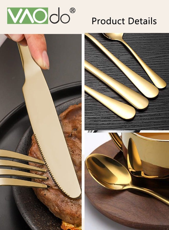 فاو دو مجموعة من 24 قطعة من أدوات المائدة المصقولة بالمرآة مع رف تخزين، مجموعة أدوات مائدة من الفولاذ المقاوم للصدأ، مجموعة أدوات مائدة للمطبخ المنزلي، سكاكين وملاعق وشوكات وملاعق شاي آمنة للغسل في غسالة الأطباق ذهبية اللون - Image 3