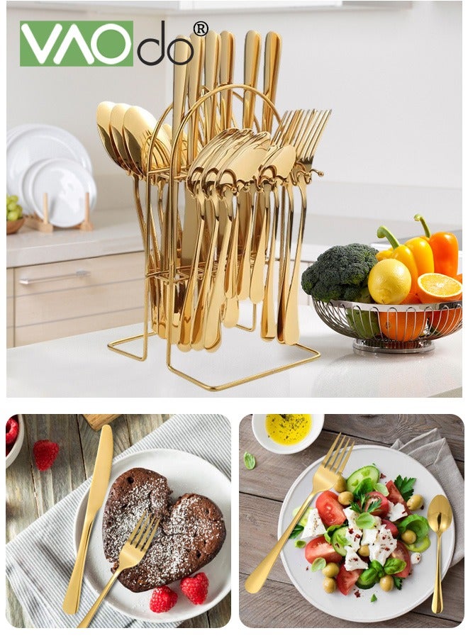 فاو دو مجموعة من 24 قطعة من أدوات المائدة المصقولة بالمرآة مع رف تخزين، مجموعة أدوات مائدة من الفولاذ المقاوم للصدأ، مجموعة أدوات مائدة للمطبخ المنزلي، سكاكين وملاعق وشوكات وملاعق شاي آمنة للغسل في غسالة الأطباق ذهبية اللون - Image 4