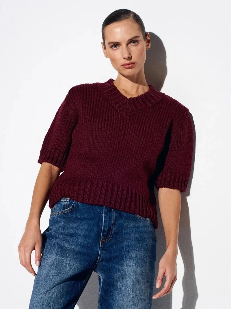 ديلفين DILVIN Women's V-Neck Ribbed Knit Jumper
