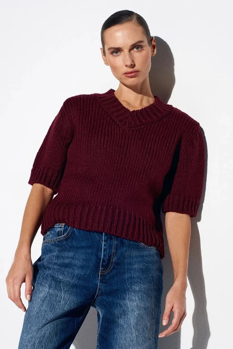 DILVIN Women's V-Neck Ribbed Knit Jumper