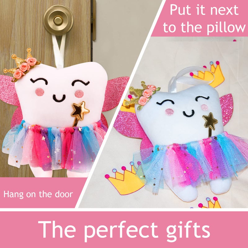 SQIMZAR Tooth Fairy Pillow,Tooth Fairy Plush Dolls Gifts for Girls with Pocket and Glittering Wings - Image 4