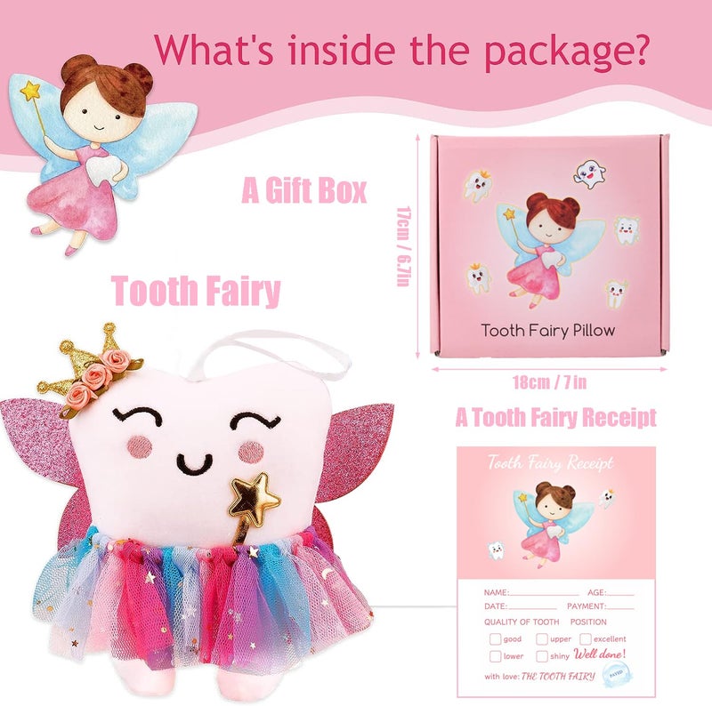 SQIMZAR Tooth Fairy Pillow,Tooth Fairy Plush Dolls Gifts for Girls with Pocket and Glittering Wings - Image 3