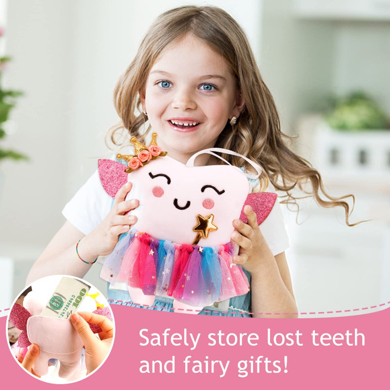 SQIMZAR Tooth Fairy Pillow,Tooth Fairy Plush Dolls Gifts for Girls with Pocket and Glittering Wings - Image 2
