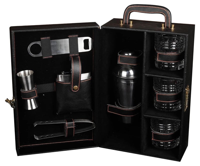 Anything & Everything Premium Bar Accessories Set with Whiskey Glasses | Portable Leatherette Bar Accessories Set | Bar Accessories Set for Picnic | Bar Set for Travel | Bar Set for car | (Black) - Image 1