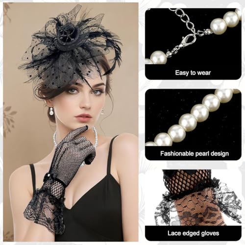 PATPAT® 5Pcs Set Black Lace Fascinator Tea Party Hats for Women with Pearl Necklace & Bracelet, Earrings, Lace Sheer Hand Gloves, Banquet Party Accessories Vintage Ladies Flower Clip Fascinators - Image 4