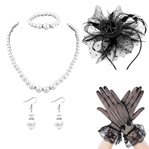 PATPAT® 5Pcs Set Black Lace Fascinator Tea Party Hats for Women with Pearl Necklace & Bracelet, Earrings, Lace Sheer Hand Gloves, Banquet Party Accessories Vintage Ladies Flower Clip Fascinators - Image 1