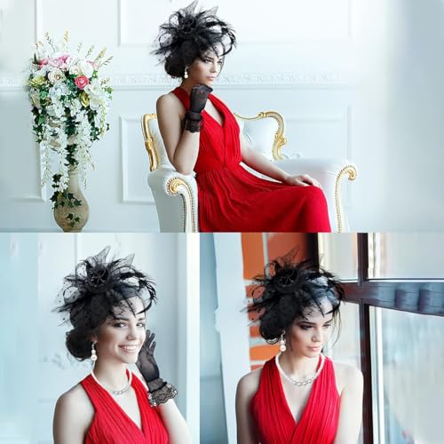 PATPAT® 5Pcs Set Black Lace Fascinator Tea Party Hats for Women with Pearl Necklace & Bracelet, Earrings, Lace Sheer Hand Gloves, Banquet Party Accessories Vintage Ladies Flower Clip Fascinators - Image 5