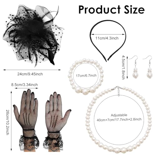 PATPAT® 5Pcs Set Black Lace Fascinator Tea Party Hats for Women with Pearl Necklace & Bracelet, Earrings, Lace Sheer Hand Gloves, Banquet Party Accessories Vintage Ladies Flower Clip Fascinators - Image 2