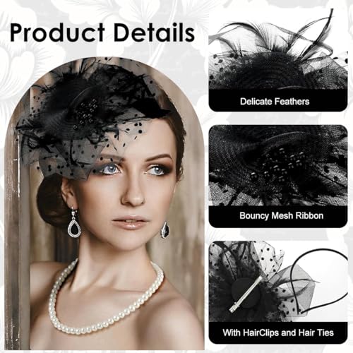 PATPAT® 5Pcs Set Black Lace Fascinator Tea Party Hats for Women with Pearl Necklace & Bracelet, Earrings, Lace Sheer Hand Gloves, Banquet Party Accessories Vintage Ladies Flower Clip Fascinators - Image 3