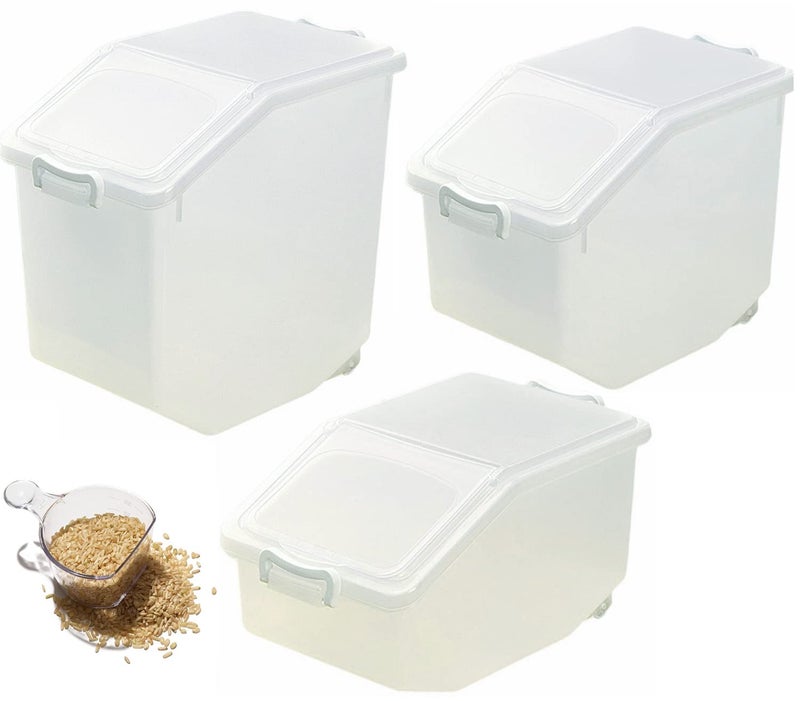 Premify Rice Storage Containers 3?pcs Set 5?kg 10?kg 15?kg  Food Storage Container with Lid BPA?Free Plastic Large Cereal Storage Box Kitchen Multifunctional Container with Measuring Cup