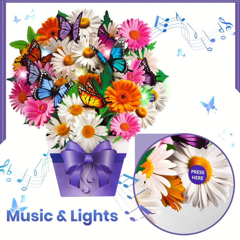 APOTODITO Butterfly Cards with Music and Light, Flower Bouquet Card, Mothers Day Cards, Mothers Day Gifts for Mom, Women, Wife, Sister (daisy and butterfly) - Image 2