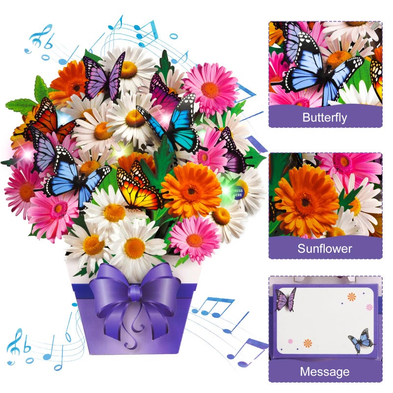 APOTODITO Butterfly Cards with Music and Light, Flower Bouquet Card, Mothers Day Cards, Mothers Day Gifts for Mom, Women, Wife, Sister (daisy and butterfly) - Image 3