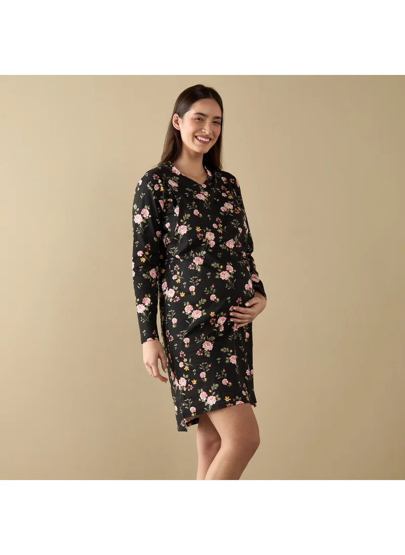 فاف All-Over Floral Print Nursing Sleepshirt with Long Sleeves