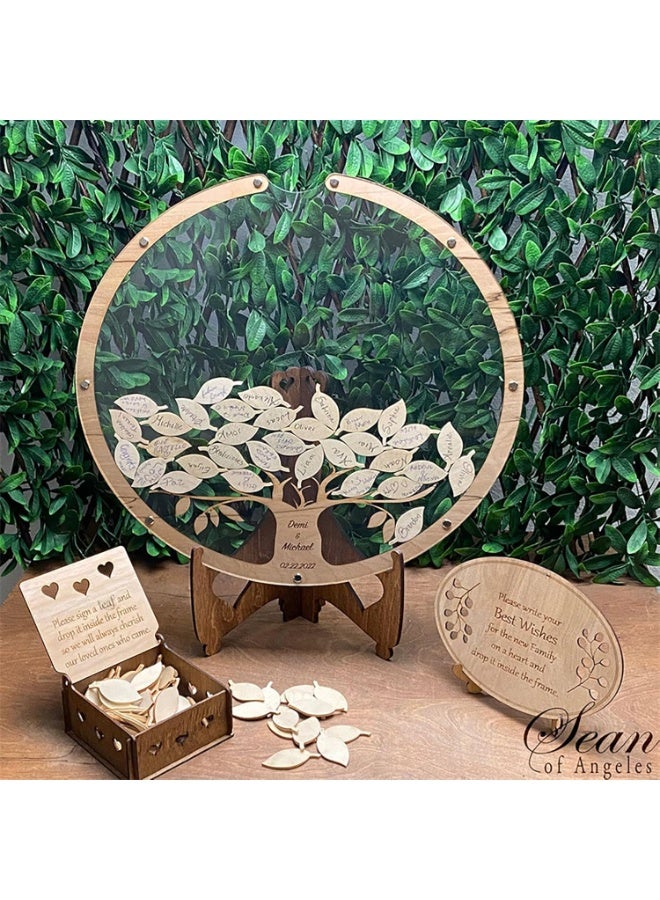 NANAO Wooden Wedding Guest Book Alternative, Tree Design with Leaf Signs, 30x30cm Round Frame with Stand - Image 3