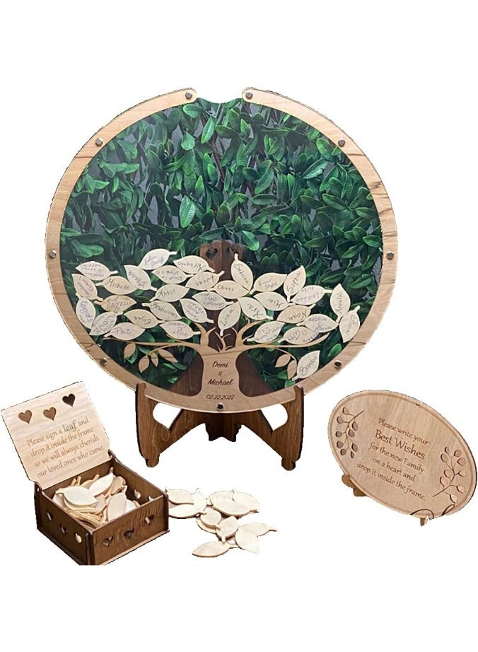 NANAO Wooden Wedding Guest Book Alternative, Tree Design with Leaf Signs, 30x30cm Round Frame with Stand - Image 1