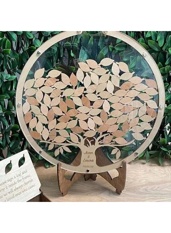 NANAO Wooden Wedding Guest Book Alternative, Tree Design with Leaf Signs, 30x30cm Round Frame with Stand - Image 4